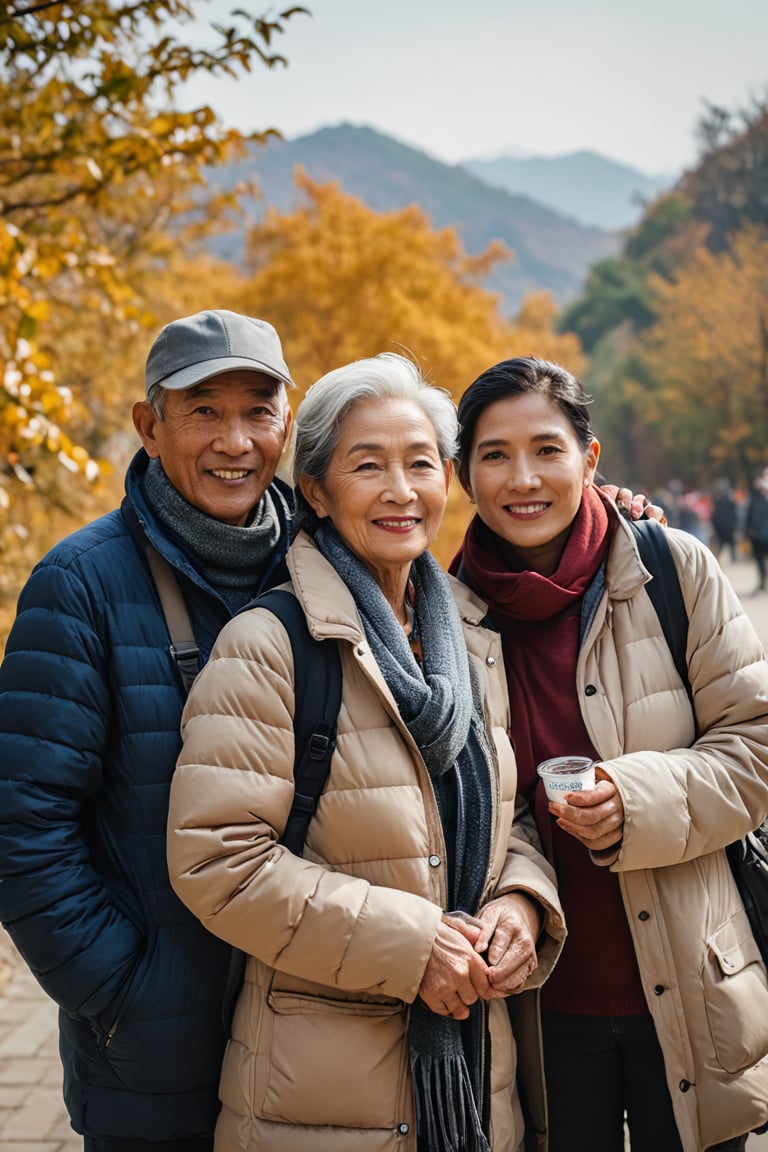 a portrait photo of 4 elder-thai-tourists traveling to China during autumn, taken with an 85mm f/1.4 lens. The shot features soft sunlight from behind, creating gentle shadows and a warm, inviting atmosphere despite the snowy weather. The group consists of a stunning beautiful woman in her 70s taking her husband in his 75s and her friends on a trip. Each person has a distinct face and they are both relaxed, smiling, and dressed in fashion clothing suitable for the cool winter weather with snow. They are engaged in various activities such as taking photos, eating, and enjoying outdoor activities. The image conveys joy, fun, and excitement of the trip.  
