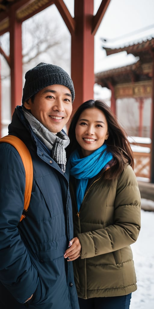 a portrait photo of two Thai tourists traveling to China during winter, taken with an 85mm f/1.4 lens. The shot features soft sunlight from behind, creating gentle shadows and a warm, inviting atmosphere despite the snowy weather. The group consists of a woman in her 40s taking her husband in his 50s  on a trip. Each person has a distinct face and they are both relaxed, smiling, and dressed in casual clothing suitable for the cool winter weather with snow. They are engaged in various activities such as taking photos, eating, and enjoying outdoor activities. The image conveys joy, fun, and excitement of the trip.
