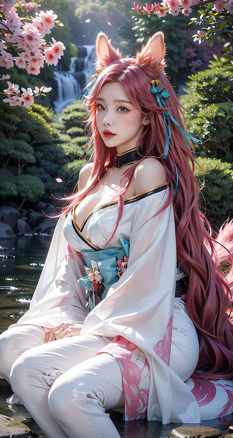 vibrant colors, female, masterpiece, sharp focus, best quality, depth of field, cinematic lighting, ((solo, one woman )), (illustration, 8k CG, extremely detailed), masterpiece, ultra-detailed,solo, pink eyes, ribbon, purple hair, pink hair,gradient hair,longhair ,pink pupil,  alternate hairstyle, sexy,Big boobs,cleavage,exposed,translucent clothes,no black clothes,sweat,pink nipples


the background is a Japanese garden full of blooming cherry blossoms,creating an atmosphere of zen and peaceful, full of sunshine,long hair, (white fox ears, three tailed fox,), white earring, (full length),