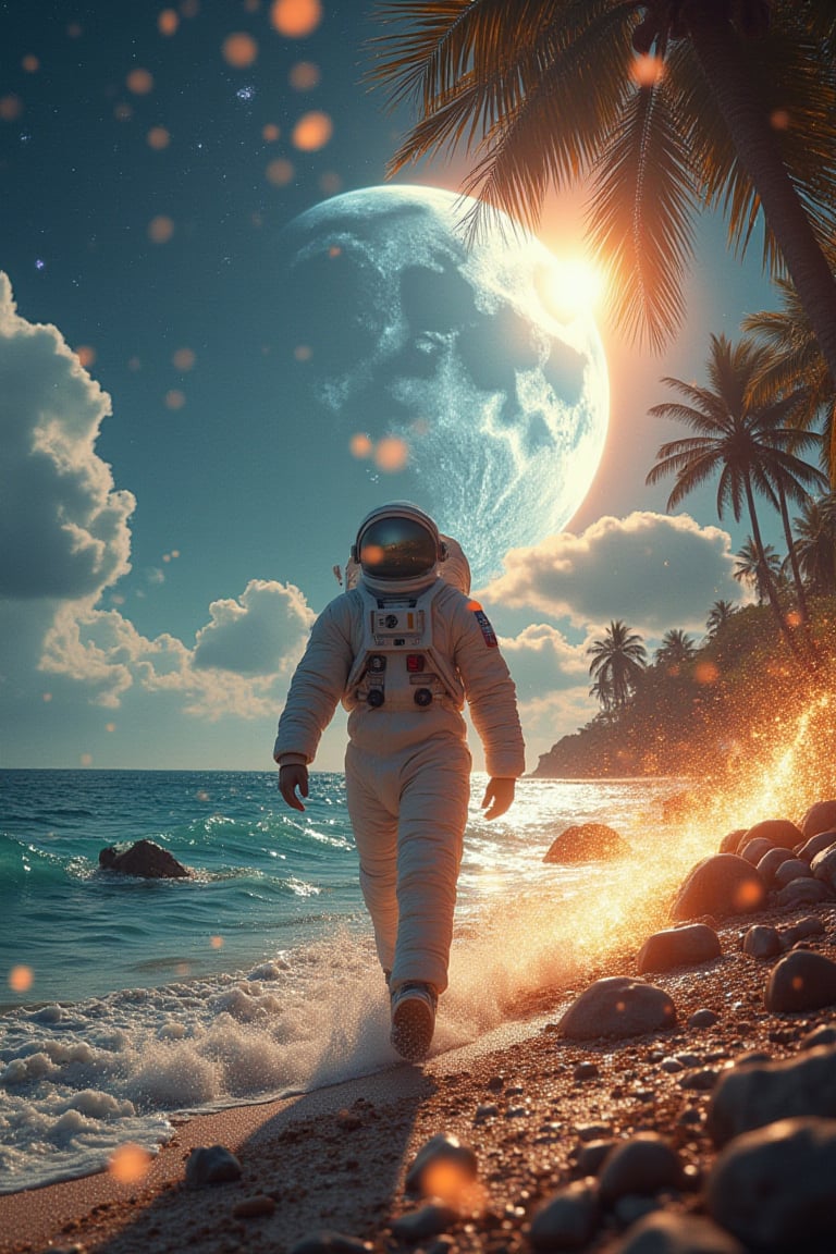 astronaut walking on sunshine, vfx explosions in the background by john carpenter and michael bay, parting the sea, split the moon, summer breeze, big wave, tropical pacific, 80 and 90 psychedelic city pop sfx by haruomi hosono, tatsuro yamashita, shigeru suzuki, yura yura teikoku, shintaro sakamoto, s kitoyaka and omega tribe, makoto matsushita, toshiki kadomatsu,(her hand crackling with huge electricity power as she gazes directly at the camera))