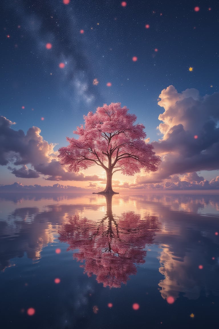 A wide angle visualization of a mystical scene of a sunset, showing a starry night filled with clouds, there is a reflection of a sakura tree in the sea in the center, illuminated by fireflies, an epic moment of quiet contemplation and understanding the meaning of your journey. highly detailed, uhd anime wallpaper, digital animation, epic, beautifully pictorial,