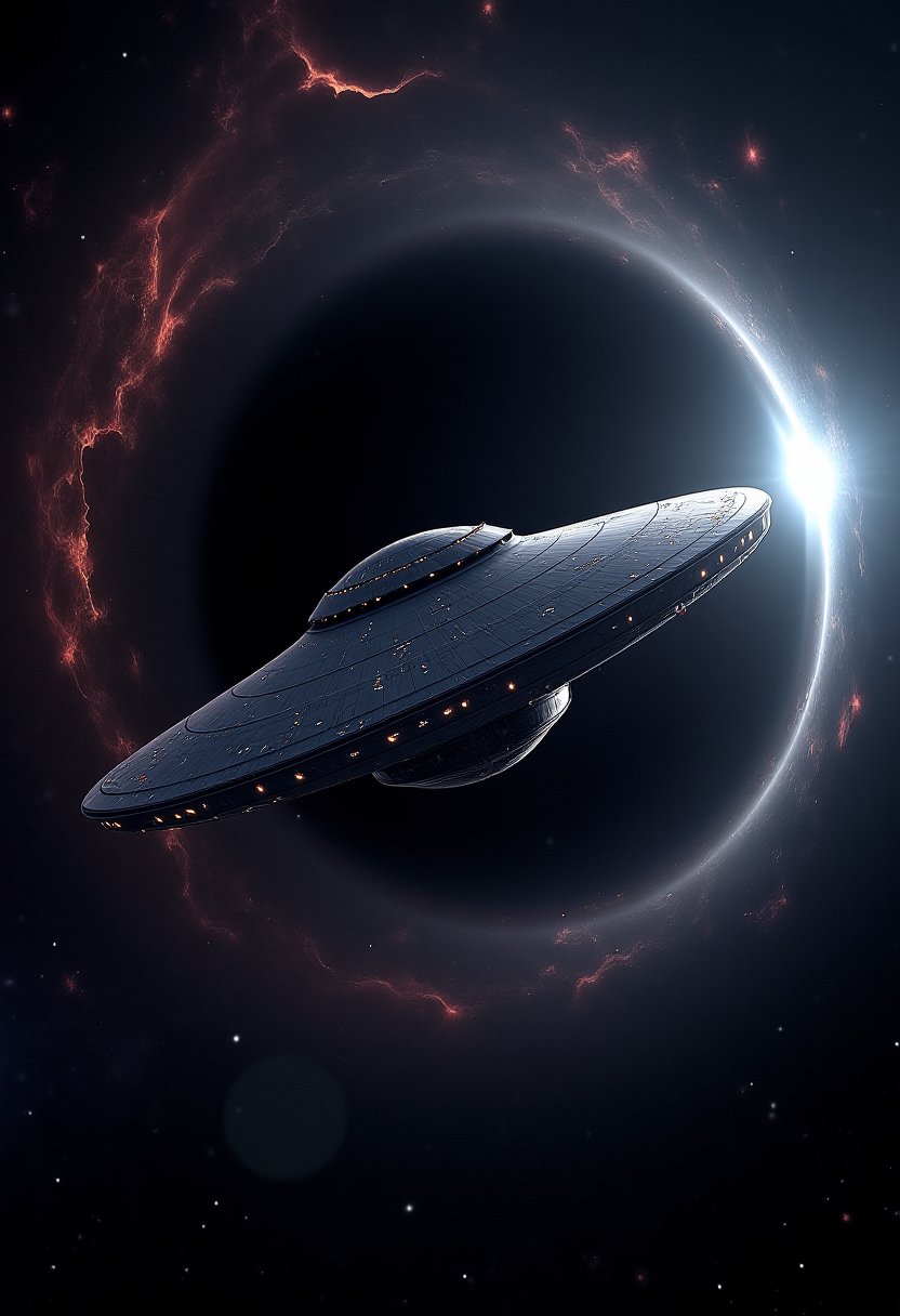 ultrarealistic ufo starship fleet flying in realistic black hole vortex8k resolution,sharp focus,