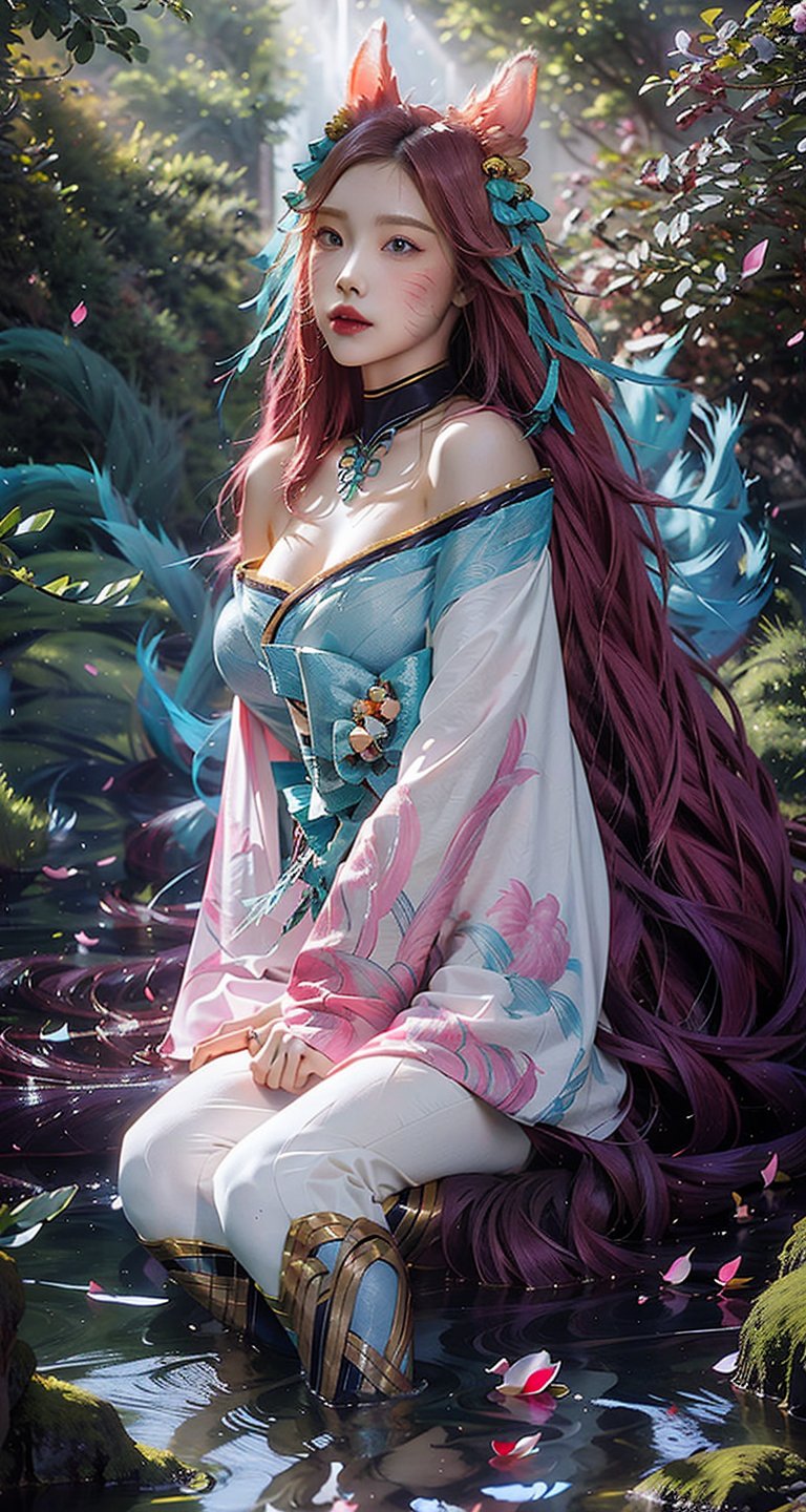 vibrant colors, female, masterpiece, sharp focus, best quality, depth of field, cinematic lighting, ((solo, one woman )), (illustration, 8k CG, extremely detailed), masterpiece, ultra-detailed,solo, pink eyes, ribbon, purple hair, pink hair,gradient hair,longhair ,very long hair,pink pupil,  alternate hairstyle, sexy,Big boobs,cleavage,exposed,translucent clothes,no black clothes,sweat,pink nipples


the background is a Japanese garden full of blooming cherry blossoms,creating an atmosphere of zen and peaceful, full of sunshine,long hair, (white fox ears, three tailed fox,), white earring, (full length),