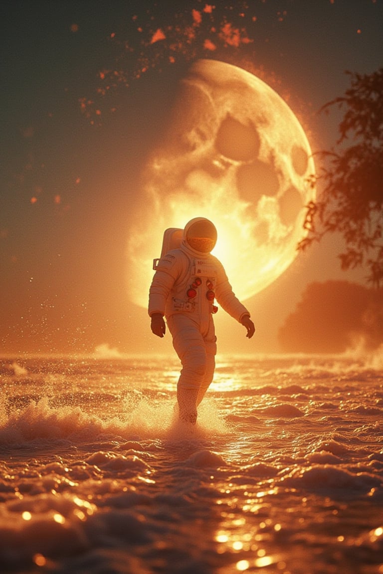 astronaut walking on sunshine, vfx explosions in the background by john carpenter and michael bay, parting the sea, split the moon, summer breeze, big wave, tropical pacific, 80 and 90 psychedelic city pop sfx by haruomi hosono, tatsuro yamashita, shigeru suzuki, yura yura teikoku, shintaro sakamoto, s kitoyaka and omega tribe, makoto matsushita, toshiki kadomatsu,(her hand crackling with huge electricity power as she gazes directly at the camera))