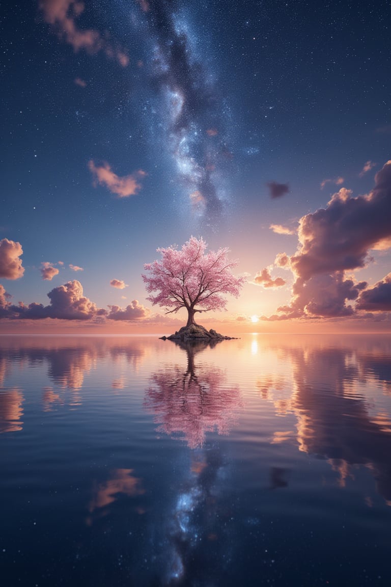 A wide angle visualization of a mystical scene of a sunset, showing a starry night filled with clouds, there is a reflection of a sakura tree in the sea in the center, illuminated by fireflies, an epic moment of quiet contemplation and understanding the meaning of your journey. highly detailed, uhd anime wallpaper, digital animation, epic, beautifully pictorial,