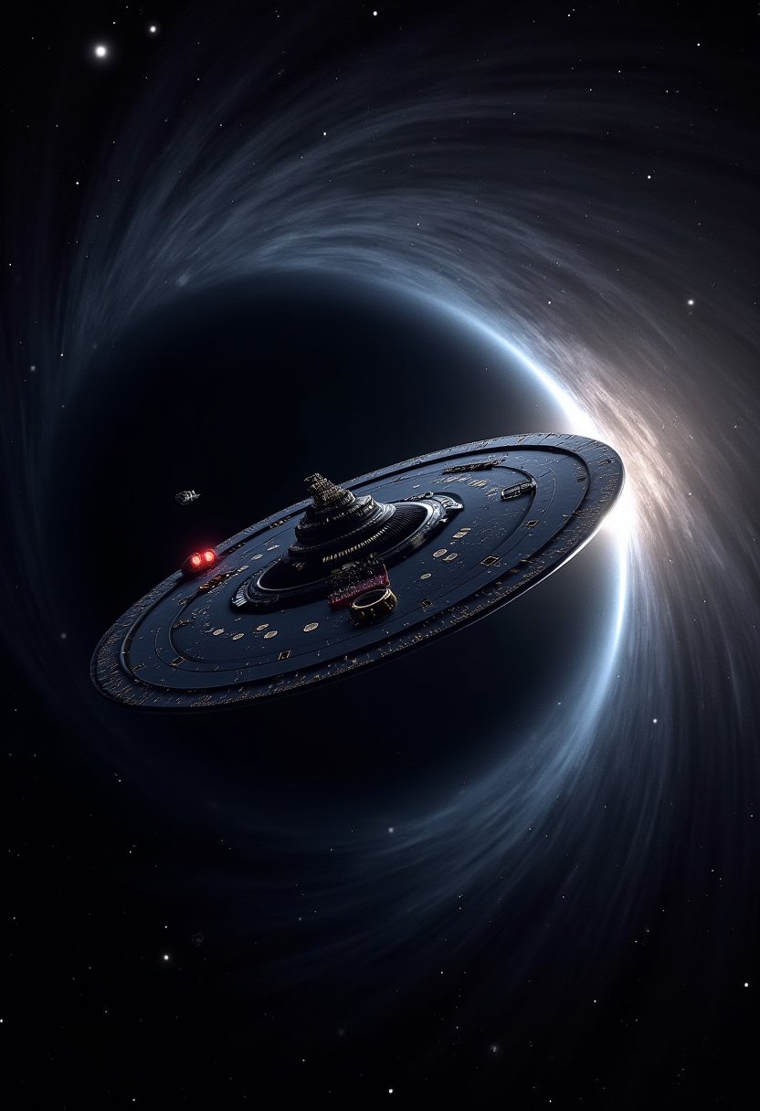 ultrarealistic ufo starship fleet flying in realistic black hole vortex8k resolution,sharp focus,