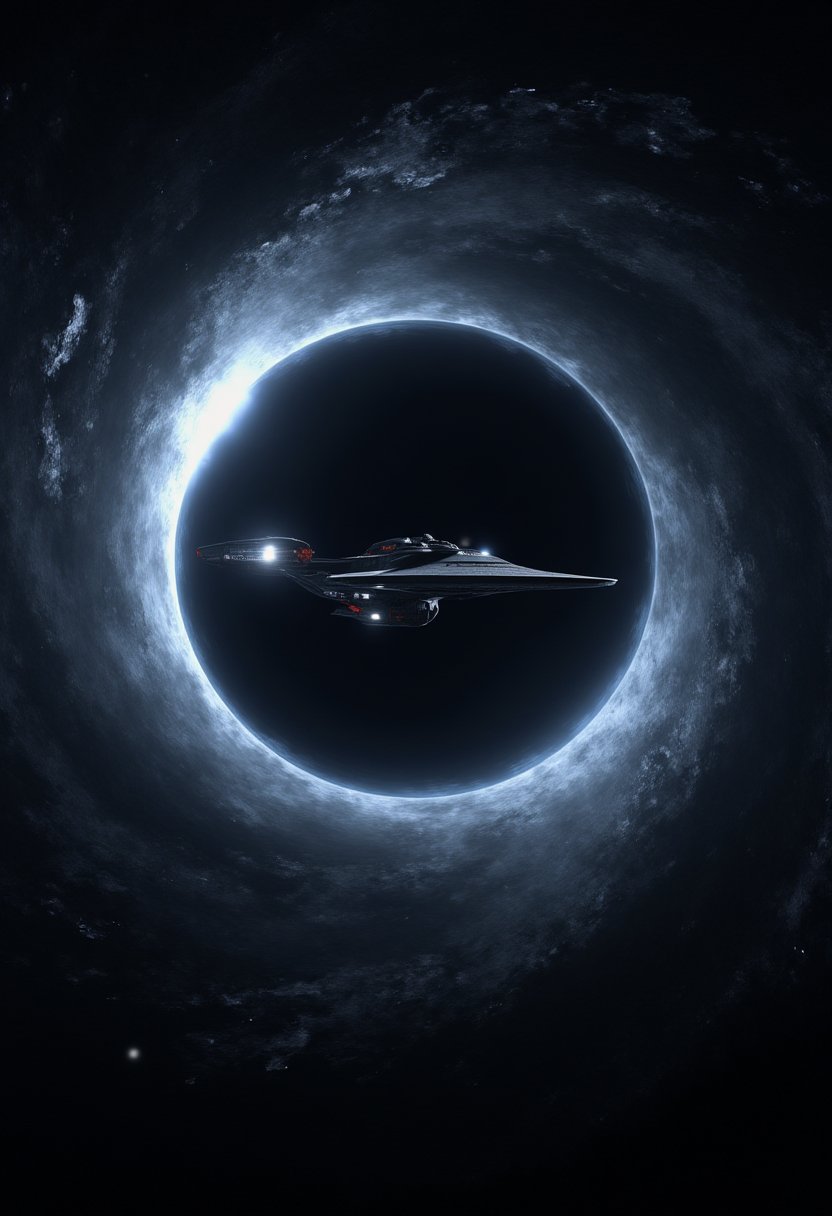 ultrarealistic ufo starship fleet entering realistic black hole vortex8k resolution,sharp focus,