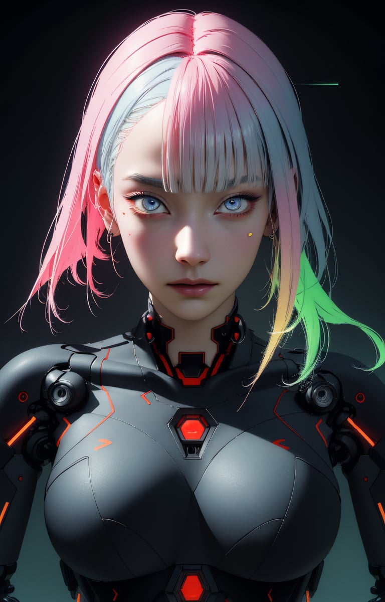 futuristic, mechanical, high tech, metallic, streamlined, complex structure, intricate details, geometric shapes, neon colors, electronic sounds, digital elements, abstract graphics, web, data interaction, virtual reality (skin glow), (highly detailed skin with visible pores), (luxurious decoration: 1.2), (colored eyes: 1.3), pretty. beautiful face. masterpiece, (((((best work of art))))), award winning work, award winning piece, intricate details, attention to detail, futuristic city, full body, futuristic cyber model, cinematic effects, cinematic feeling, surrealism, award winning portrait, realistic design for photo quality, (ultra high resolution, highest quality, reality), complex composition, jiyon,Jiyoung, red eyeliner, multicolored hair,Lucy,LUCY (CYBERPUNK),lucy,rainbow hair