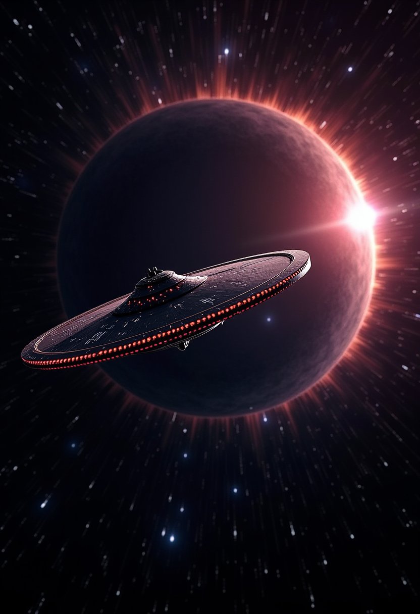 ultrarealistic ufo starship fleet flying in realistic black hole vortex8k resolution,sharp focus,