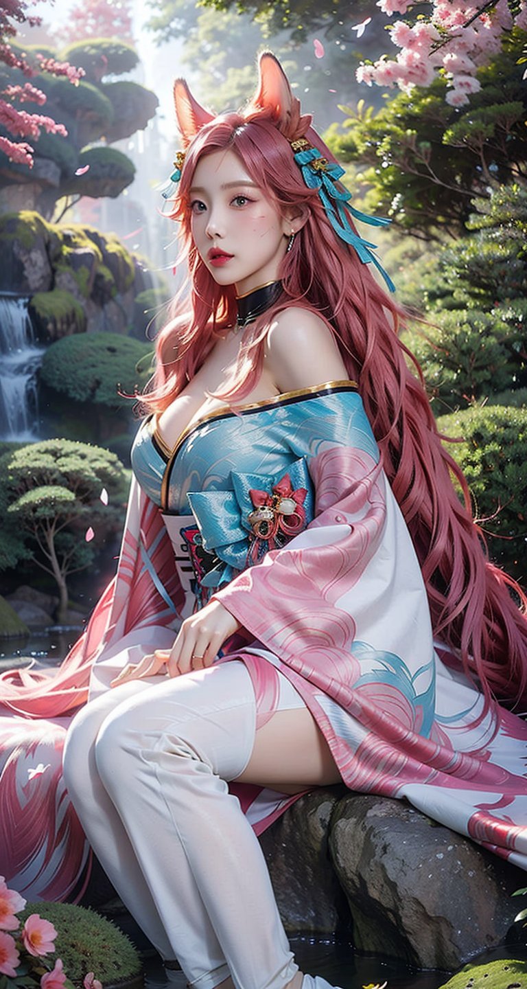 vibrant colors, female, masterpiece, sharp focus, best quality, depth of field, cinematic lighting, ((solo, one woman )), (illustration, 8k CG, extremely detailed), masterpiece, ultra-detailed,solo, pink eyes, ribbon, purple hair, pink hair,gradient hair,longhair ,pink pupil,  alternate hairstyle, sexy,Big boobs,cleavage,exposed,translucent clothes,no black clothes,sweat,pink nipples


the background is a Japanese garden full of blooming cherry blossoms,creating an atmosphere of zen and peaceful, full of sunshine,long hair, (white fox ears, three tailed fox,), white earring, (full length),