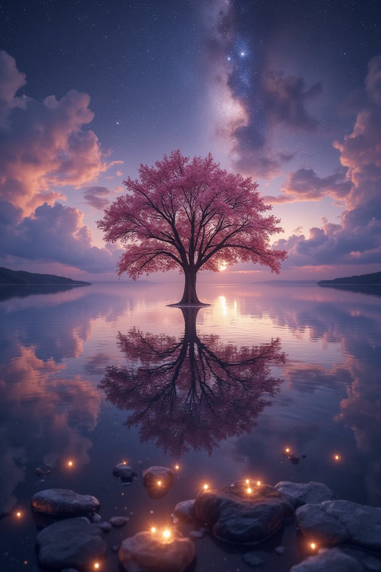 A wide angle visualization of a mystical scene of a sunset, showing a starry night filled with clouds, there is a reflection of a sakura tree in the sea in the center, illuminated by fireflies, an epic moment of quiet contemplation and understanding the meaning of your journey. highly detailed, uhd anime wallpaper, digital animation, epic, beautifully pictorial,