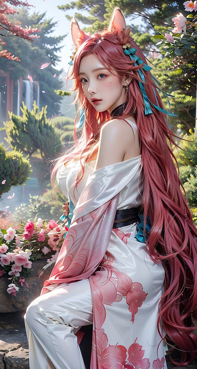 vibrant colors, female, masterpiece, sharp focus, best quality, depth of field, cinematic lighting, ((solo, one woman )), (illustration, 8k CG, extremely detailed), masterpiece, ultra-detailed,solo, pink eyes, ribbon, purple hair, pink hair,gradient hair,longhair ,pink pupil,  alternate hairstyle, sexy,Big boobs,cleavage,exposed,translucent clothes,no black clothes,sweat,pink nipples


the background is a Japanese garden full of blooming cherry blossoms,creating an atmosphere of zen and peaceful, full of sunshine,long hair, (white fox ears, three tailed fox,), white earring, (full length),