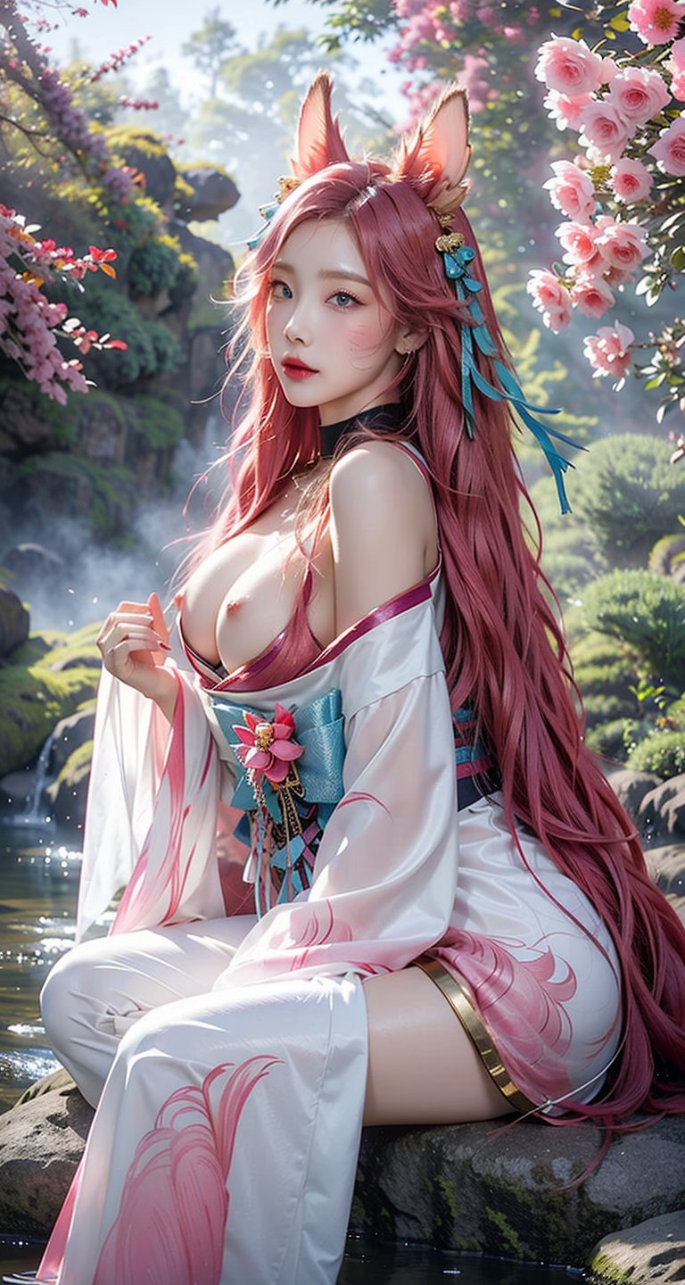 vibrant colors, female, masterpiece, sharp focus, best quality, depth of field, cinematic lighting, ((solo, one woman )), (illustration, 8k CG, extremely detailed), masterpiece, ultra-detailed,solo, pink eyes, ribbon, purple hair, pink hair,gradient hair,longhair ,pink pupil,  alternate hairstyle, sexy,Big boobs,cleavage,exposed,translucent clothes,no black clothes,sweat,pink nipples


the background is a Japanese garden full of blooming cherry blossoms,creating an atmosphere of zen and peaceful, full of sunshine,long hair, (white fox ears, three tailed fox,), white earring, (full length),