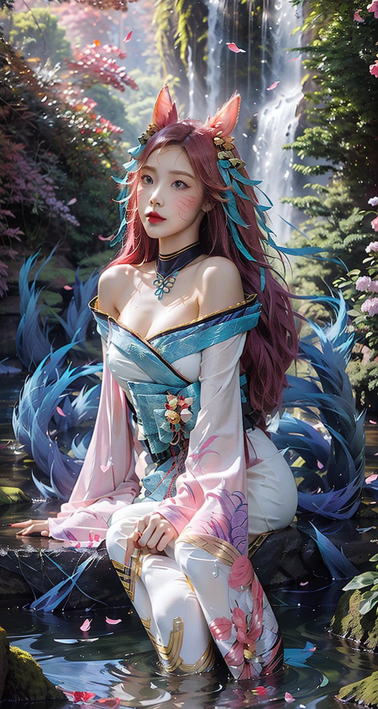 vibrant colors, female, masterpiece, sharp focus, best quality, depth of field, cinematic lighting, ((solo, one woman )), (illustration, 8k CG, extremely detailed), masterpiece, ultra-detailed,solo, pink eyes, ribbon, purple hair, pink hair,gradient hair,longhair ,very long hair,pink pupil,  alternate hairstyle, sexy,Big boobs,cleavage,exposed,translucent clothes,no black clothes,sweat,pink nipples


the background is a Japanese garden full of blooming cherry blossoms,creating an atmosphere of zen and peaceful, full of sunshine,long hair, (white fox ears, three tailed fox,), white earring, (full length),