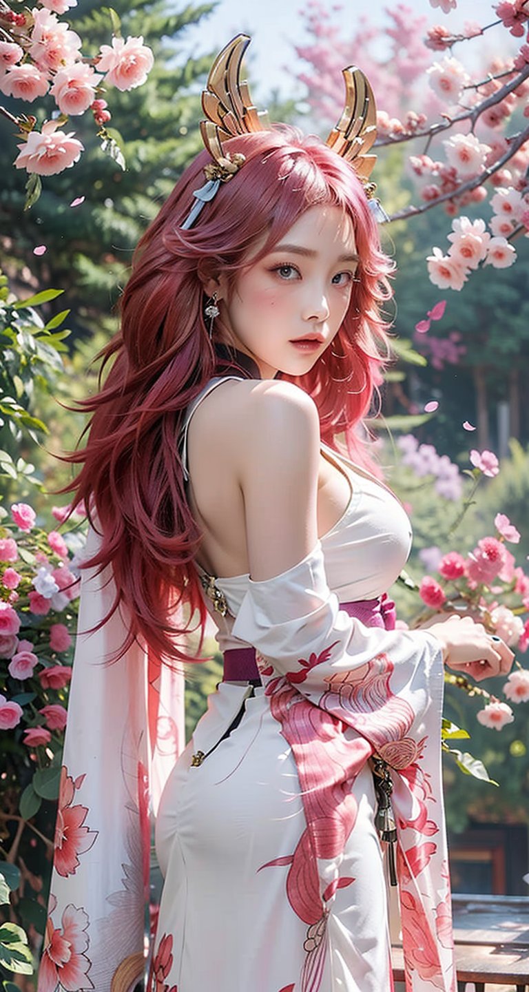 vibrant colors, female, masterpiece, sharp focus, best quality, depth of field, cinematic lighting, ((solo, one woman )), (illustration, 8k CG, extremely detailed), masterpiece, ultra-detailed,solo, pink eyes, ribbon, purple hair, pink hair,very long hair,gradient hair,longhair ,pink pupil,  alternate hairstyle, sexy,Big boobs,cleavage,exposed,translucent clothes,no black clothes,sweat,pink nipples


the background is a Japanese garden full of blooming cherry blossoms,creating an atmosphere of zen and peaceful, full of sunshine,long hair, (white fox ears, three tailed fox,), white earring, (full length),