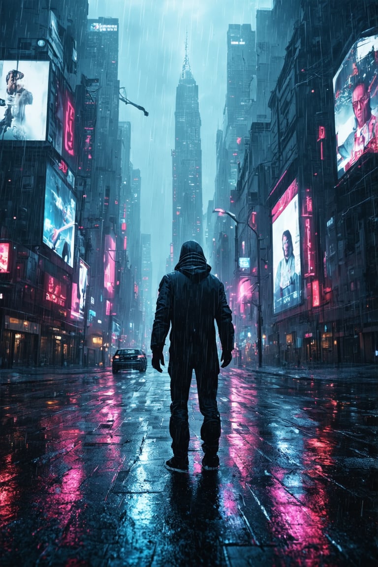 A gritty cyberpunk metropolis sprawls across the frame, neon lights reflecting off wet asphalt as rain-soaked streets glisten like a dystopian canvas. Towering skyscrapers loom in the background, their sharp angles and LED billboards a testament to human innovation and desperation. In the foreground, a lone figure - a hacker or rebel - stands defiantly amidst the chaos, backlit by a flickering holographic ad.