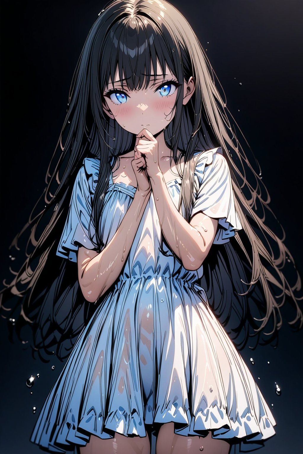 Xuenai,beautiful eyes, clear eyes, detailed eyes,1girl, solo, black hair, blue eyes, long hair,bangs, attractive blue eyes, beautiful face, highschool girl, 16years-old
 

4k, masterpiece, ultra detailed, high quality

The white clothing is soaked through, clinging to the skin and making it visible beneath

Shy, looking down,Black background, gradient background, natural light,perfect finger,hand