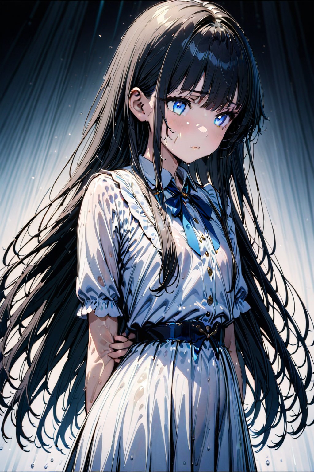 Xuenai,beautiful eyes, clear eyes, detailed eyes,1girl, solo, black hair, blue eyes, long hair,bangs, attractive blue eyes, beautiful face, highschool girl, 16years-old
 

4k, masterpiece, ultra detailed, high quality

The white clothing is soaked through, clinging to the skin and making it visible beneath

Shy, looking down