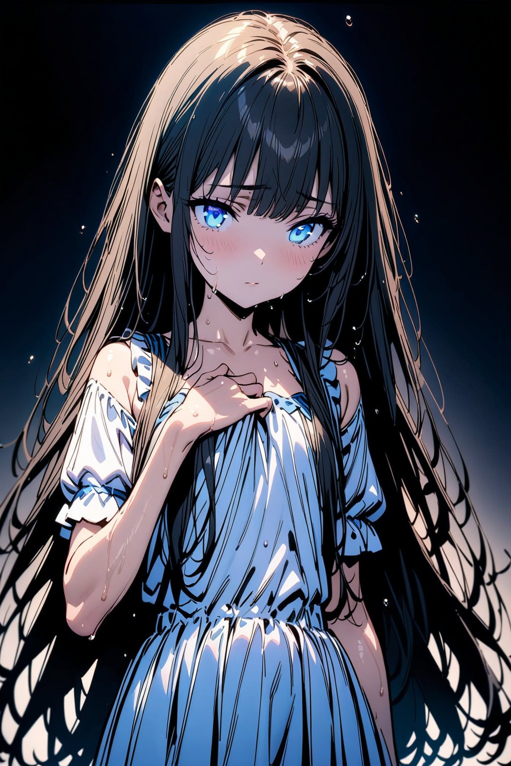 Xuenai,beautiful eyes, clear eyes, detailed eyes,1girl, solo, black hair, blue eyes, long hair,bangs, attractive blue eyes, beautiful face, highschool girl, 16years-old
 

4k, masterpiece, ultra detailed, high quality

The white clothing is soaked through, clinging to the skin and making it visible beneath

Shy, looking down,Black background, gradient background, natural light