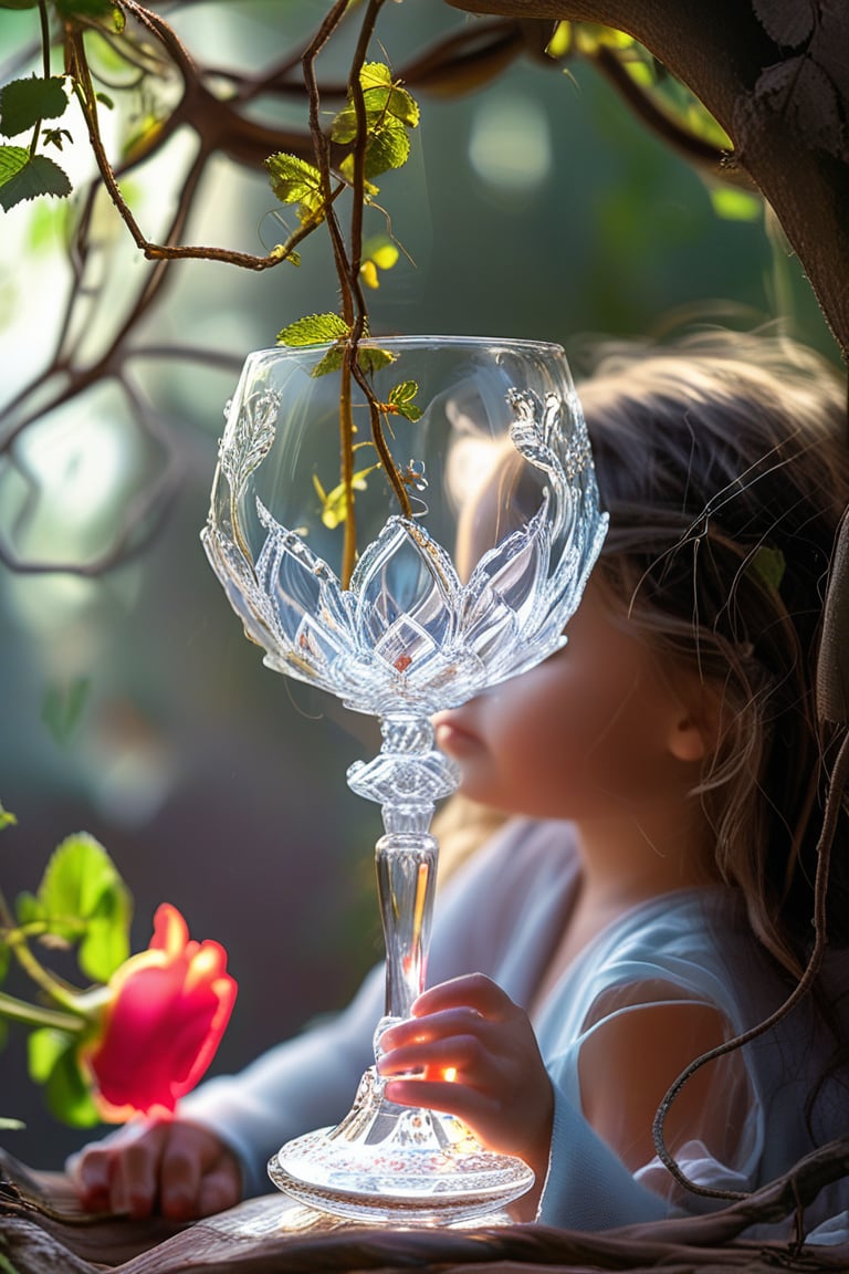 A close-up shot of an ethereal crystal goblet grown from twisted roots and vines. Below a little girl in the background. The clear bowl glows with a soft, mystical light where a beautiful rose blooms. Blur background.