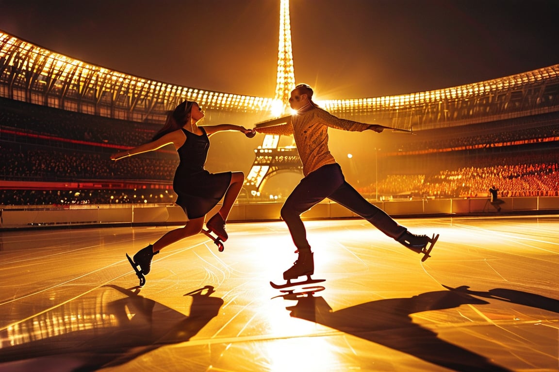 Skating couple takes center stage in a bustling stadium, the Eiffel Tower's iron latticework soaring behind them like a metallic giant. The air is electric as they execute flawless tricks, their boards gliding smoothly across the floor amidst deafening cheers and chants from the rapturous crowd.