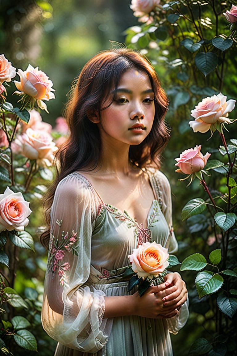 A soft-focused young girl cradles a majestic rose in her hands, its delicate petals and velvety texture a gentle whisper against her fingers. The surrounding blooms fade into a dreamy blur, as if the beauty of the rose has stolen the attention from the entire flower garden. Ethereal sunlight filters through the foliage, casting an otherworldly glow on the serene scene.,Indo,MagMix Girl