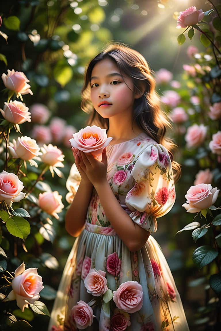 A soft-focused young girl wearing a formal floral long dress cradles a majestic rose in her hands, its delicate petals and velvety texture a gentle whisper against her fingers. The surrounding blooms fade into a dreamy blur, as if the beauty of the rose has stolen the attention from the entire flower garden. Ethereal sunlight filters through the foliage, casting an otherworldly glow on the serene scene.,Indo,MagMix Girl