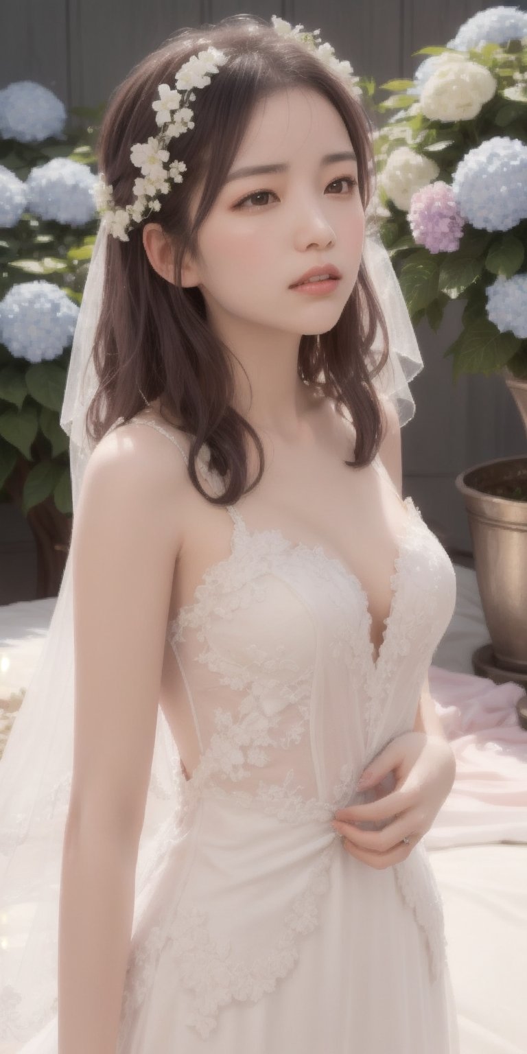 Surrealistic digital painting of a young woman with fair skin, 
White wedding dress, wedding photos,
curly fair hair, delicate facial features, enshrouded in a graceful, light pink fabric, slumbering among a plush hydrangea bed of pink and white blossoms, creating a dreamy, ethereal ambiance, palette consisting largely of pinks, whites, and lilacs, invoking a sense of serenity and tranquility, painterly strokes result in. A soft-focused portrait of a young woman with fair skin and curly brown hair with bangs, her delicate facial features illuminated by the gentle glow of a subtle pink fabric wrap. She slumbers amidst a plush hydrangea bed, where pink and white blossoms gently unfold, creating a dreamy, ethereal ambiance. Brushstrokes whisper whispers of pinks, whites, and lilacs, weaving a tapestry of serenity and tranquility. burlesque,shabby chic, fine art, epic, Boho gypsy, marquise, duchesse, dark fantasy.
White wedding dress, wedding photos,