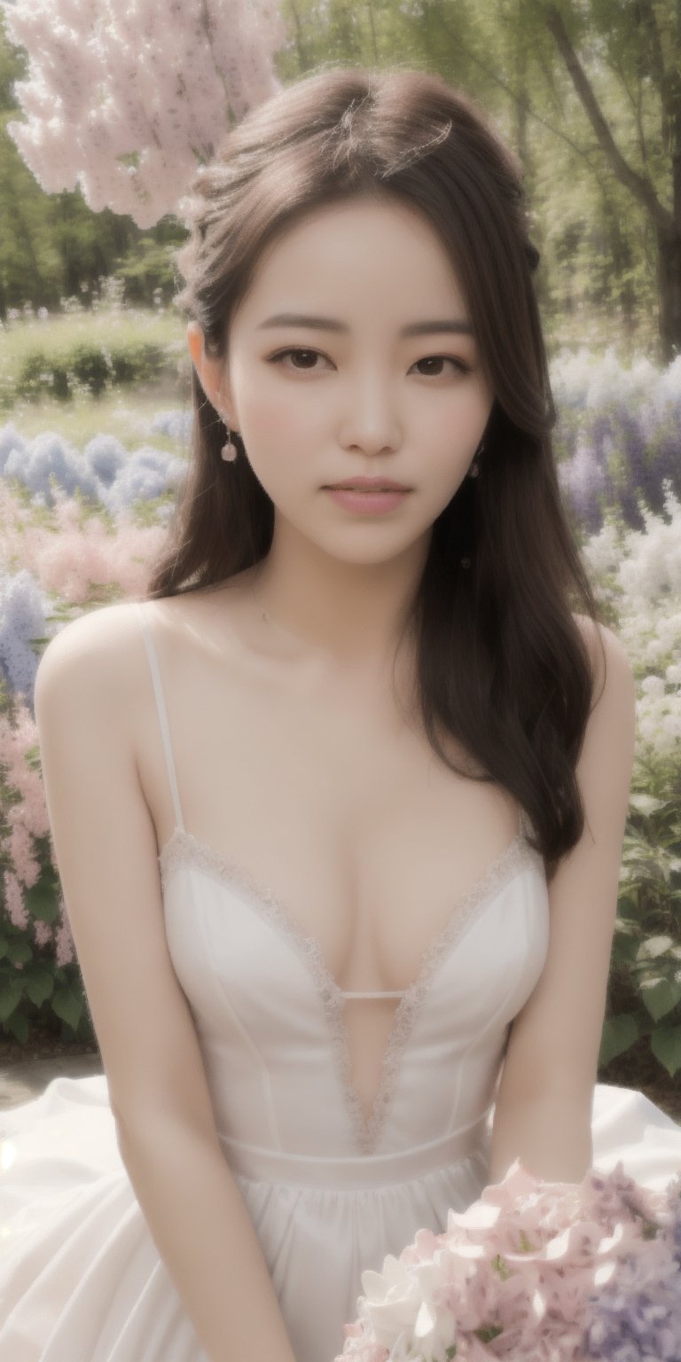 Surrealistic digital painting of a young woman with fair skin, 
White wedding dress, wedding photos,
curly fair hair, delicate facial features, enshrouded in a graceful, light pink fabric, slumbering among a plush hydrangea bed of pink and white blossoms, creating a dreamy, ethereal ambiance, palette consisting largely of pinks, whites, and lilacs, invoking a sense of serenity and tranquility, painterly strokes result in. A soft-focused portrait of a young woman with fair skin and curly brown hair with bangs, her delicate facial features illuminated by the gentle glow of a subtle pink fabric wrap. She slumbers amidst a plush hydrangea bed, where pink and white blossoms gently unfold, creating a dreamy, ethereal ambiance. Brushstrokes whisper whispers of pinks, whites, and lilacs, weaving a tapestry of serenity and tranquility. burlesque,shabby chic, fine art, epic, Boho gypsy, marquise, duchesse, dark fantasy.
White wedding dress, wedding photos,