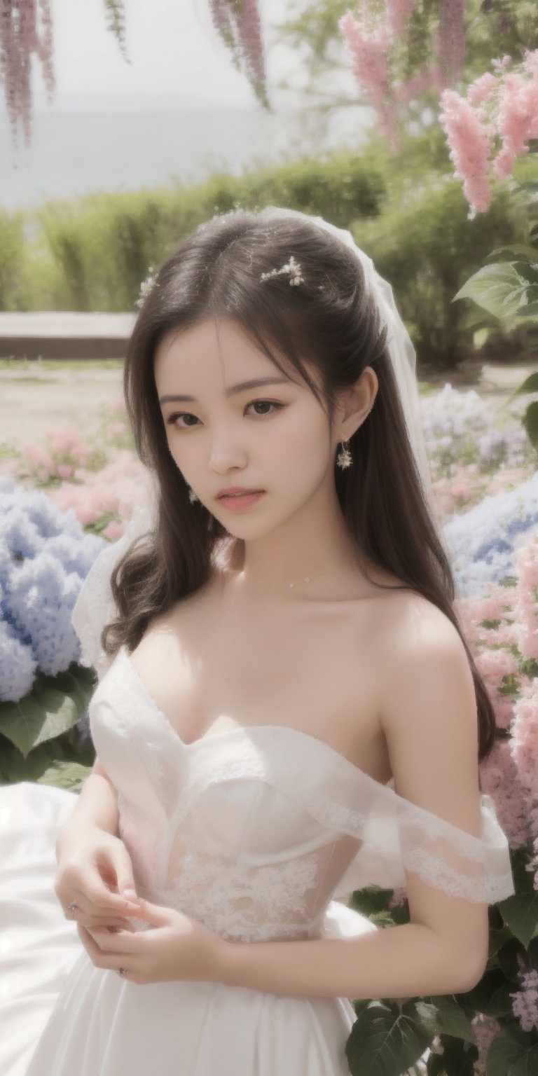 Surrealistic digital painting of a young woman with fair skin, 
White wedding dress, wedding photos,
curly fair hair, delicate facial features, enshrouded in a graceful, light pink fabric, slumbering among a plush hydrangea bed of pink and white blossoms, creating a dreamy, ethereal ambiance, palette consisting largely of pinks, whites, and lilacs, invoking a sense of serenity and tranquility, painterly strokes result in. A soft-focused portrait of a young woman with fair skin and curly brown hair with bangs, her delicate facial features illuminated by the gentle glow of a subtle pink fabric wrap. She slumbers amidst a plush hydrangea bed, where pink and white blossoms gently unfold, creating a dreamy, ethereal ambiance. Brushstrokes whisper whispers of pinks, whites, and lilacs, weaving a tapestry of serenity and tranquility. burlesque,shabby chic, fine art, epic, Boho gypsy, marquise, duchesse, dark fantasy.
White wedding dress, wedding photos,