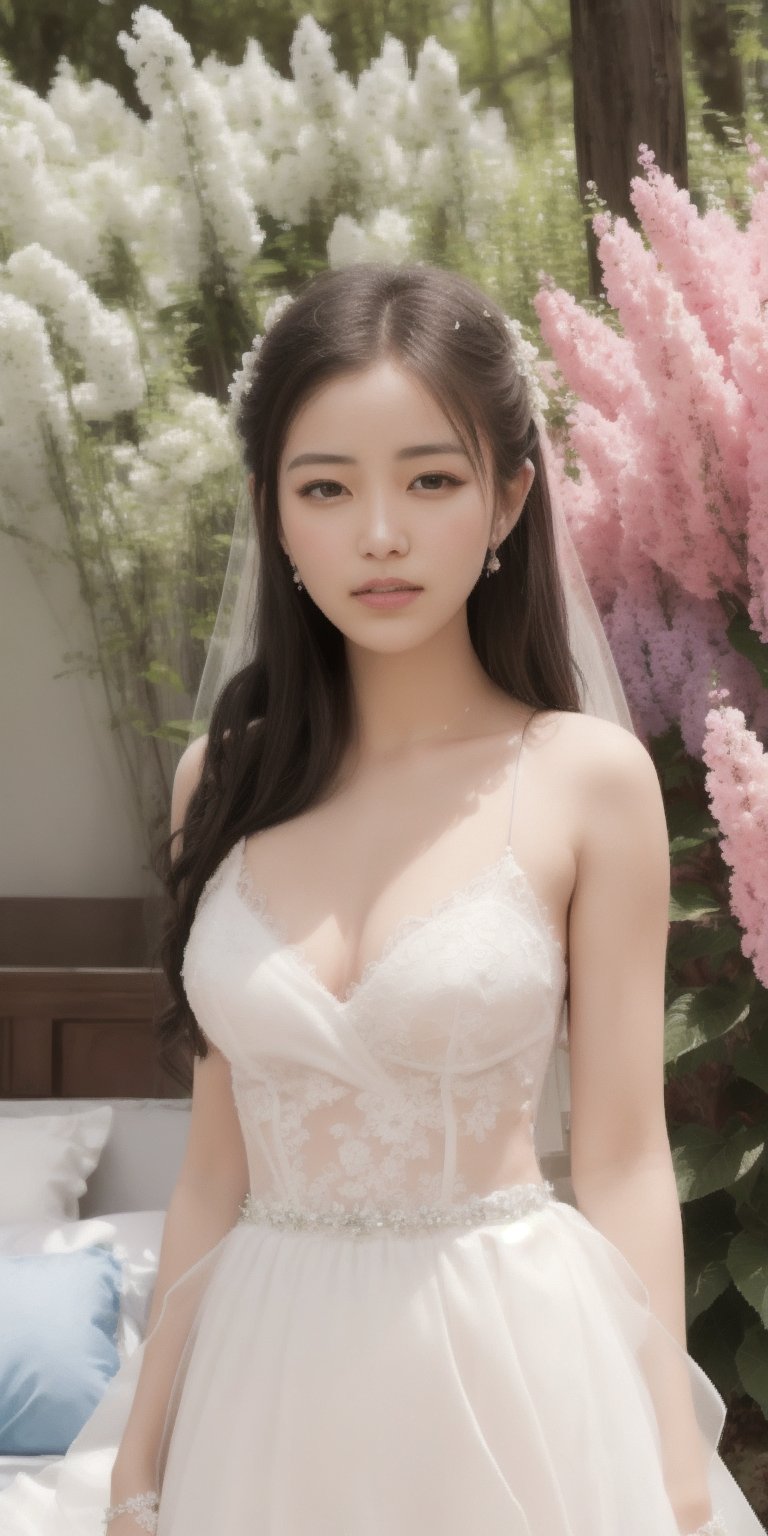 Surrealistic digital painting of a young woman with fair skin, 
White wedding dress, wedding photos,
curly fair hair, delicate facial features, enshrouded in a graceful, light pink fabric, slumbering among a plush hydrangea bed of pink and white blossoms, creating a dreamy, ethereal ambiance, palette consisting largely of pinks, whites, and lilacs, invoking a sense of serenity and tranquility, painterly strokes result in. A soft-focused portrait of a young woman with fair skin and curly brown hair with bangs, her delicate facial features illuminated by the gentle glow of a subtle pink fabric wrap. She slumbers amidst a plush hydrangea bed, where pink and white blossoms gently unfold, creating a dreamy, ethereal ambiance. Brushstrokes whisper whispers of pinks, whites, and lilacs, weaving a tapestry of serenity and tranquility. burlesque,shabby chic, fine art, epic, Boho gypsy, marquise, duchesse, dark fantasy.
White wedding dress, wedding photos,