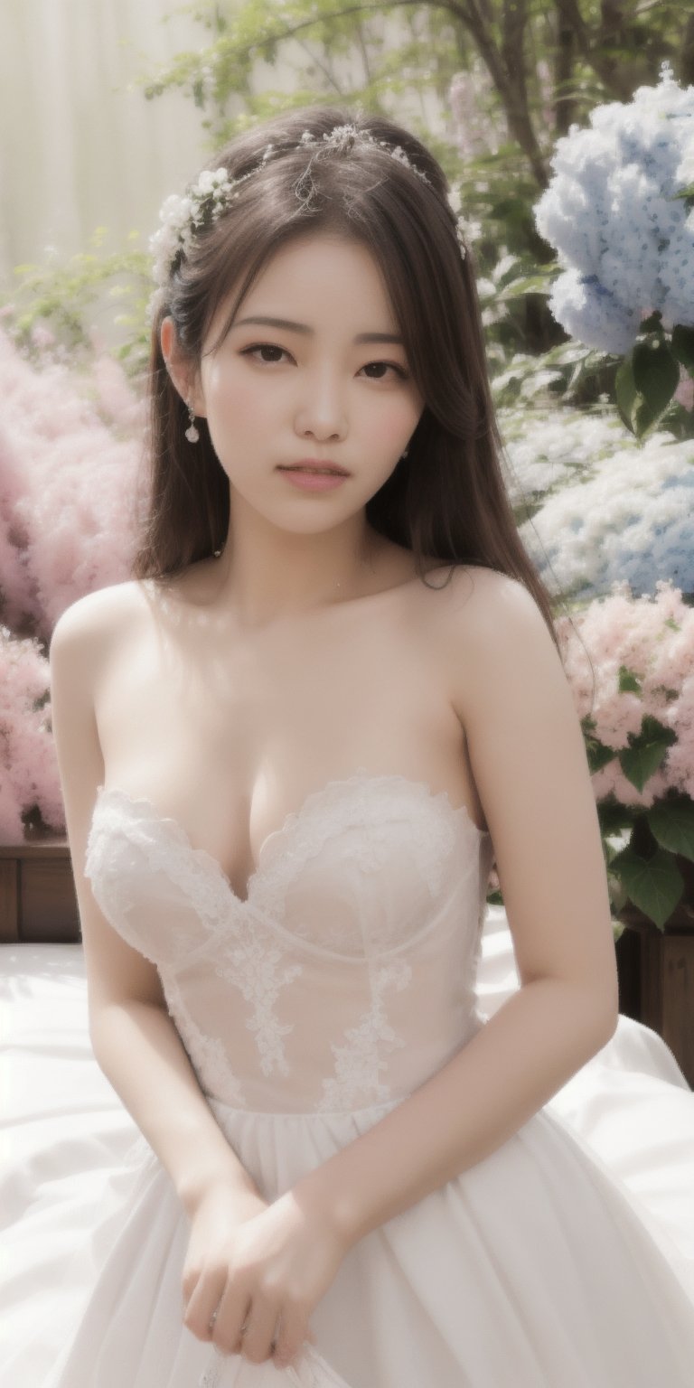 Surrealistic digital painting of a young woman with fair skin, 
White wedding dress, wedding photos,
curly fair hair, delicate facial features, enshrouded in a graceful, light pink fabric, slumbering among a plush hydrangea bed of pink and white blossoms, creating a dreamy, ethereal ambiance, palette consisting largely of pinks, whites, and lilacs, invoking a sense of serenity and tranquility, painterly strokes result in. A soft-focused portrait of a young woman with fair skin and curly brown hair with bangs, her delicate facial features illuminated by the gentle glow of a subtle pink fabric wrap. She slumbers amidst a plush hydrangea bed, where pink and white blossoms gently unfold, creating a dreamy, ethereal ambiance. Brushstrokes whisper whispers of pinks, whites, and lilacs, weaving a tapestry of serenity and tranquility. burlesque,shabby chic, fine art, epic, Boho gypsy, marquise, duchesse, dark fantasy.
White wedding dress, wedding photos,