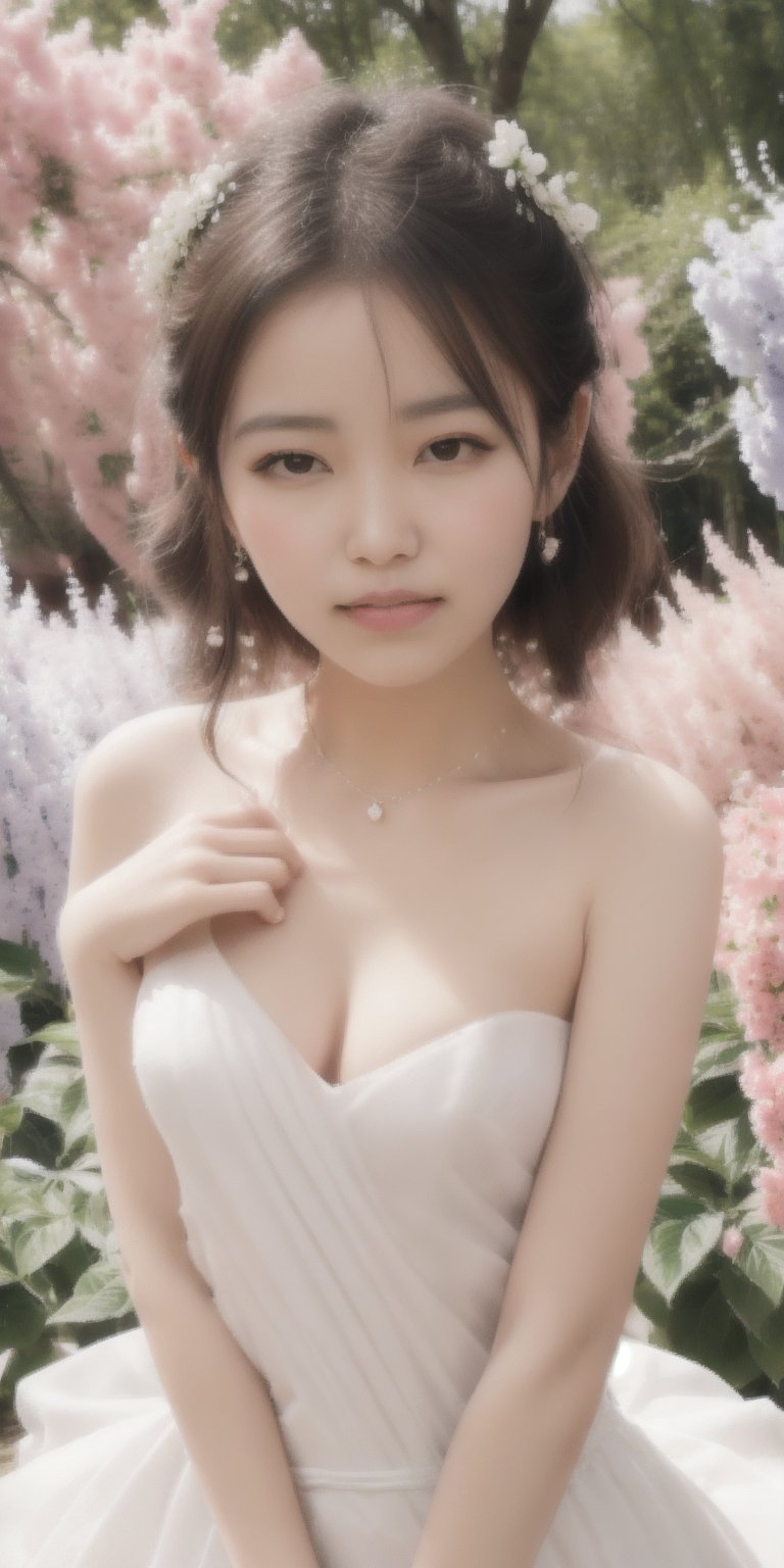 Surrealistic digital painting of a young woman with fair skin, 
White wedding dress, wedding photos,
curly fair hair, delicate facial features, enshrouded in a graceful, light pink fabric, slumbering among a plush hydrangea bed of pink and white blossoms, creating a dreamy, ethereal ambiance, palette consisting largely of pinks, whites, and lilacs, invoking a sense of serenity and tranquility, painterly strokes result in. A soft-focused portrait of a young woman with fair skin and curly brown hair with bangs, her delicate facial features illuminated by the gentle glow of a subtle pink fabric wrap. She slumbers amidst a plush hydrangea bed, where pink and white blossoms gently unfold, creating a dreamy, ethereal ambiance. Brushstrokes whisper whispers of pinks, whites, and lilacs, weaving a tapestry of serenity and tranquility. burlesque,shabby chic, fine art, epic, Boho gypsy, marquise, duchesse, dark fantasy.
White wedding dress, wedding photos,