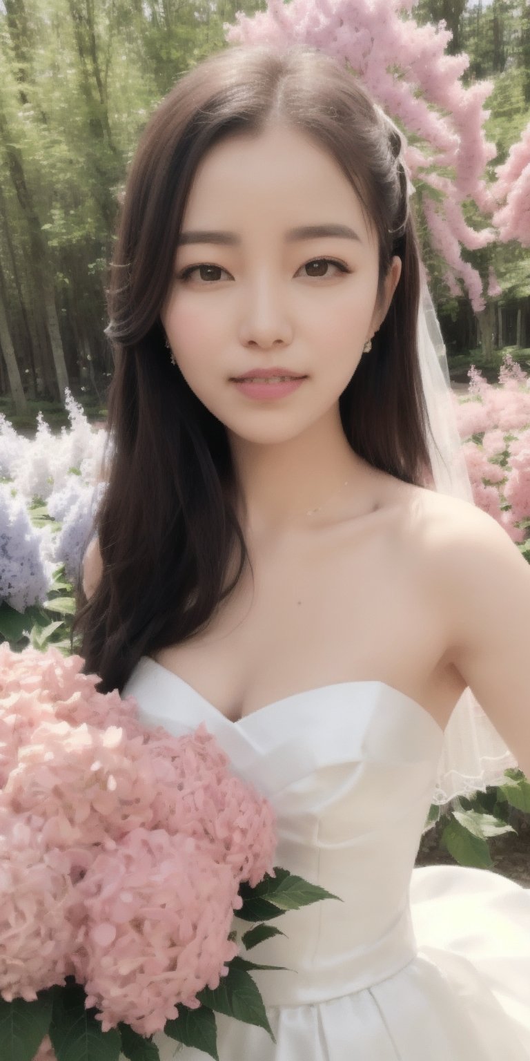 Surrealistic digital painting of a young woman with fair skin, 
White wedding dress, wedding photos,
curly fair hair, delicate facial features, enshrouded in a graceful, light pink fabric, slumbering among a plush hydrangea bed of pink and white blossoms, creating a dreamy, ethereal ambiance, palette consisting largely of pinks, whites, and lilacs, invoking a sense of serenity and tranquility, painterly strokes result in. A soft-focused portrait of a young woman with fair skin and curly brown hair with bangs, her delicate facial features illuminated by the gentle glow of a subtle pink fabric wrap. She slumbers amidst a plush hydrangea bed, where pink and white blossoms gently unfold, creating a dreamy, ethereal ambiance. Brushstrokes whisper whispers of pinks, whites, and lilacs, weaving a tapestry of serenity and tranquility. burlesque,shabby chic, fine art, epic, Boho gypsy, marquise, duchesse, dark fantasy.
White wedding dress, wedding photos,