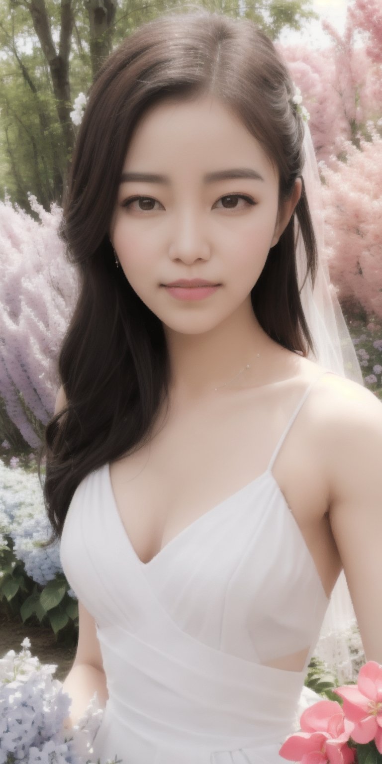 Surrealistic digital painting of a young woman with fair skin, 
White wedding dress, wedding photos,
curly fair hair, delicate facial features, enshrouded in a graceful, light pink fabric, slumbering among a plush hydrangea bed of pink and white blossoms, creating a dreamy, ethereal ambiance, palette consisting largely of pinks, whites, and lilacs, invoking a sense of serenity and tranquility, painterly strokes result in. A soft-focused portrait of a young woman with fair skin and curly brown hair with bangs, her delicate facial features illuminated by the gentle glow of a subtle pink fabric wrap. She slumbers amidst a plush hydrangea bed, where pink and white blossoms gently unfold, creating a dreamy, ethereal ambiance. Brushstrokes whisper whispers of pinks, whites, and lilacs, weaving a tapestry of serenity and tranquility. burlesque,shabby chic, fine art, epic, Boho gypsy, marquise, duchesse, dark fantasy.
White wedding dress, wedding photos,