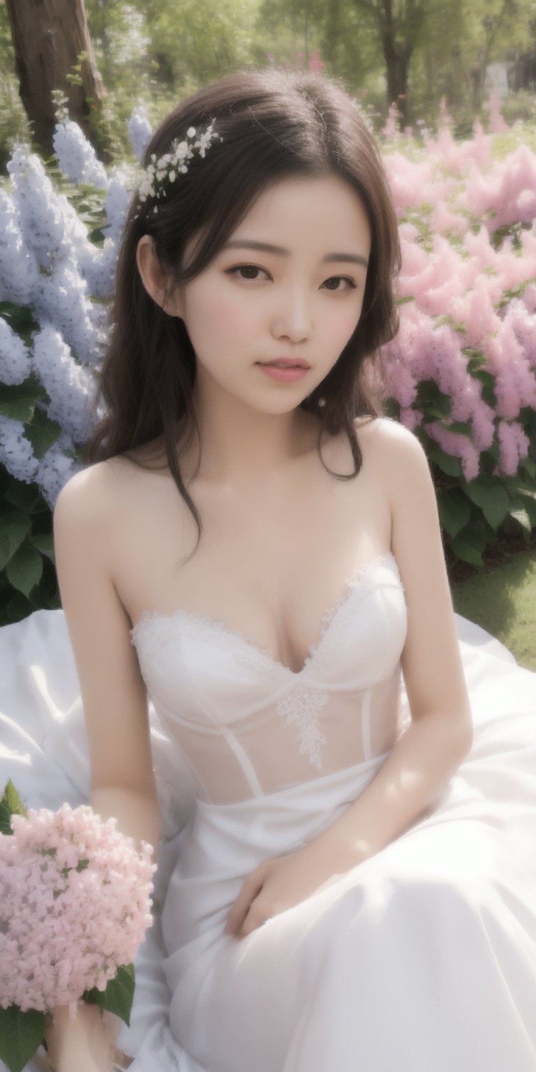 Surrealistic digital painting of a young woman with fair skin, 
White wedding dress, wedding photos,
curly fair hair, delicate facial features, enshrouded in a graceful, light pink fabric, slumbering among a plush hydrangea bed of pink and white blossoms, creating a dreamy, ethereal ambiance, palette consisting largely of pinks, whites, and lilacs, invoking a sense of serenity and tranquility, painterly strokes result in. A soft-focused portrait of a young woman with fair skin and curly brown hair with bangs, her delicate facial features illuminated by the gentle glow of a subtle pink fabric wrap. She slumbers amidst a plush hydrangea bed, where pink and white blossoms gently unfold, creating a dreamy, ethereal ambiance. Brushstrokes whisper whispers of pinks, whites, and lilacs, weaving a tapestry of serenity and tranquility. burlesque,shabby chic, fine art, epic, Boho gypsy, marquise, duchesse, dark fantasy.
White wedding dress, wedding photos,