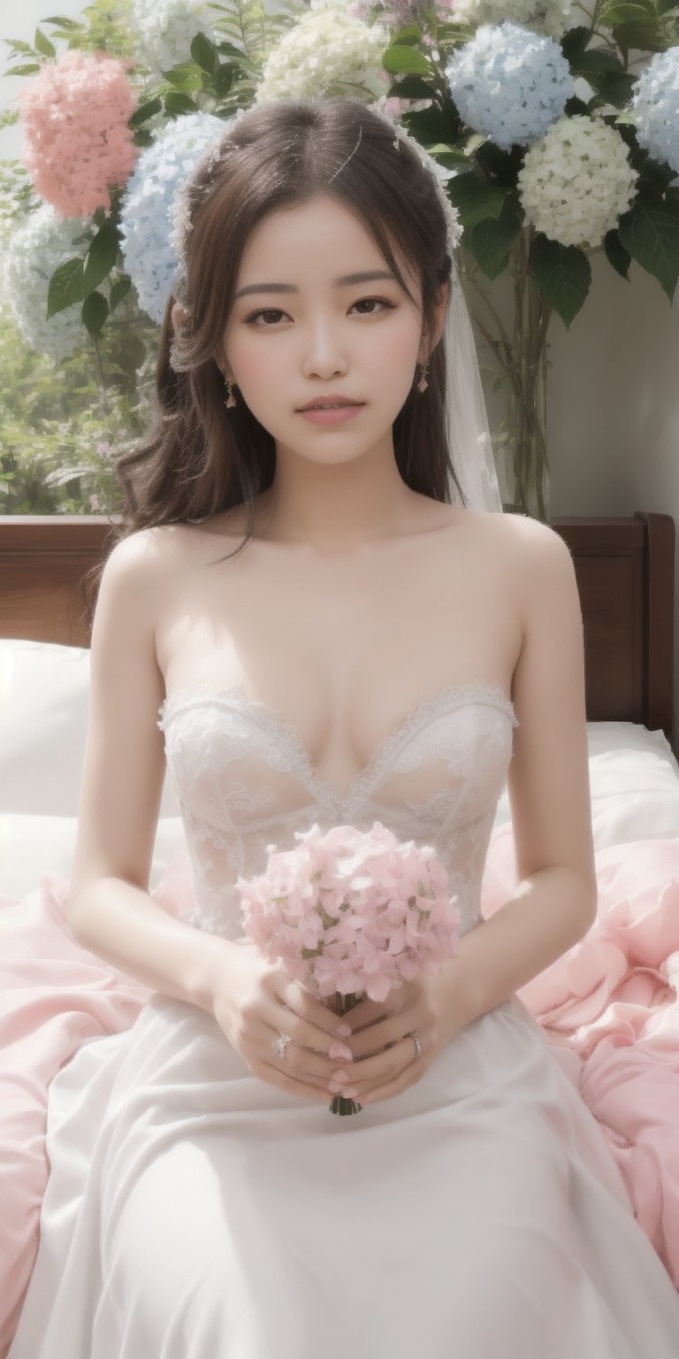 Surrealistic digital painting of a young woman with fair skin, 
White wedding dress, wedding photos,
curly fair hair, delicate facial features, enshrouded in a graceful, light pink fabric, slumbering among a plush hydrangea bed of pink and white blossoms, creating a dreamy, ethereal ambiance, palette consisting largely of pinks, whites, and lilacs, invoking a sense of serenity and tranquility, painterly strokes result in. A soft-focused portrait of a young woman with fair skin and curly brown hair with bangs, her delicate facial features illuminated by the gentle glow of a subtle pink fabric wrap. She slumbers amidst a plush hydrangea bed, where pink and white blossoms gently unfold, creating a dreamy, ethereal ambiance. Brushstrokes whisper whispers of pinks, whites, and lilacs, weaving a tapestry of serenity and tranquility. burlesque,shabby chic, fine art, epic, Boho gypsy, marquise, duchesse, dark fantasy.
White wedding dress, wedding photos,