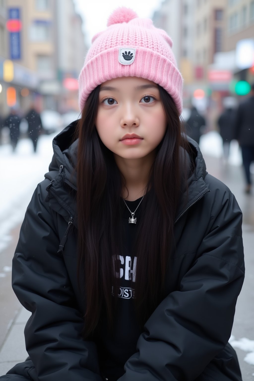 Vietnamese young woman, light brown skin, black eyes. black straight long hair . Black Graphic Snow Jacket, Pink Beanie, necklace, nose piercing, sitting down, transparent lipgloss, slim built, very beautiful, late adolescent, 1, full body photo, long legs, modern city setting, cold weather, snowy