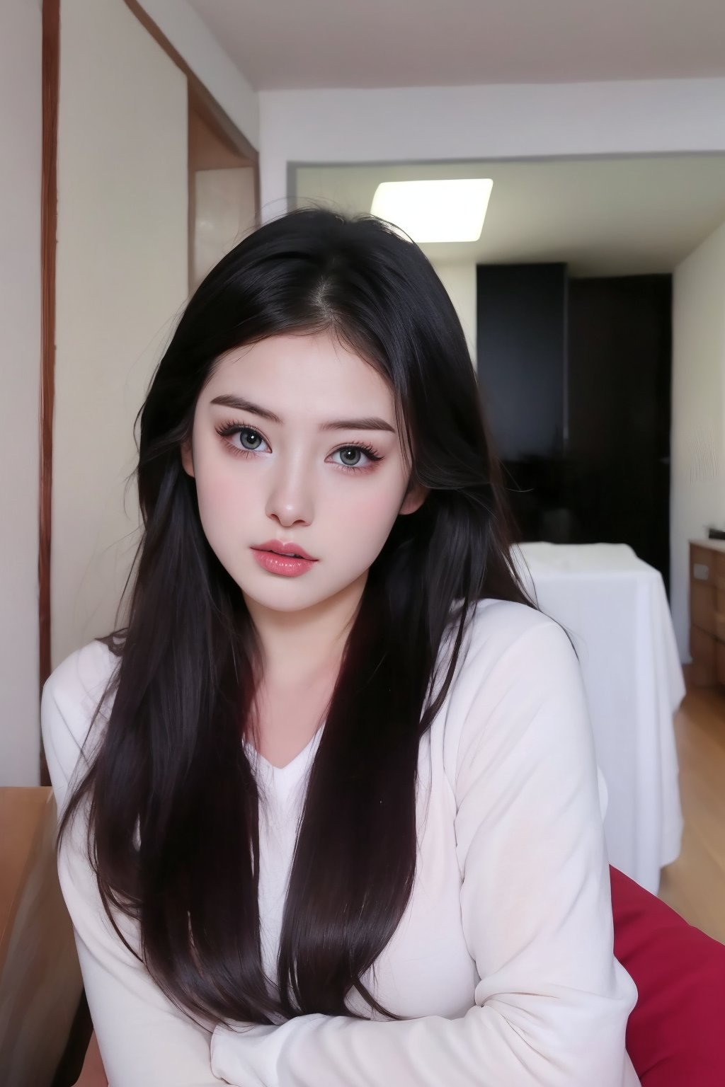 1girl, solo, long hair, looking at viewer, shirt, black hair, brown eyes, upper body, indoors, lips, forehead, realistic