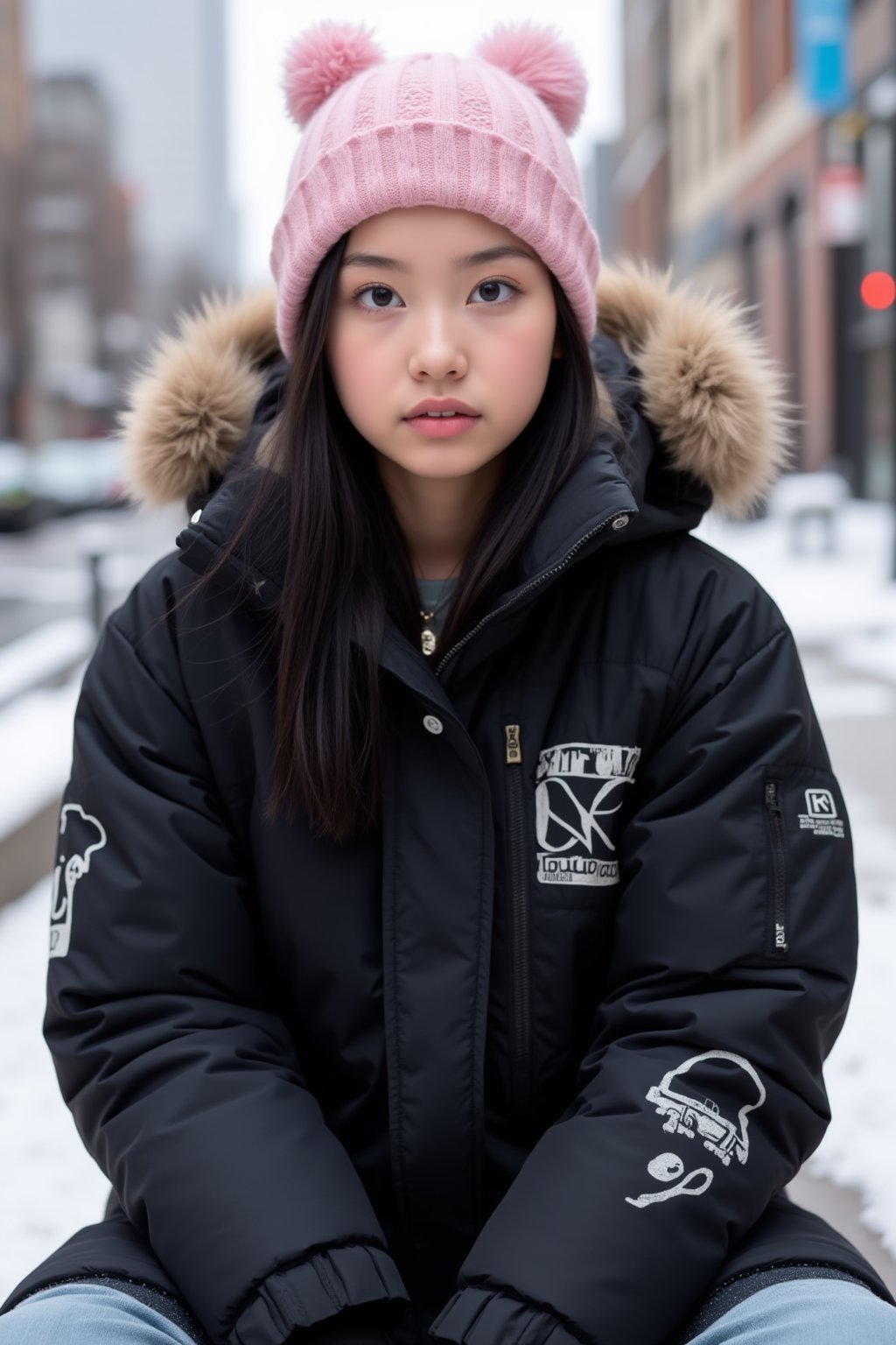 Vietnamese young woman, light brown skin, black eyes. black straight long hair . Black Graphic Snow Jacket, Pink Beanie, necklace, nose piercing, sitting down, transparent lipgloss, slim built, very beautiful, late adolescent, 1, full body photo, long legs, modern city setting, cold weather, snowy