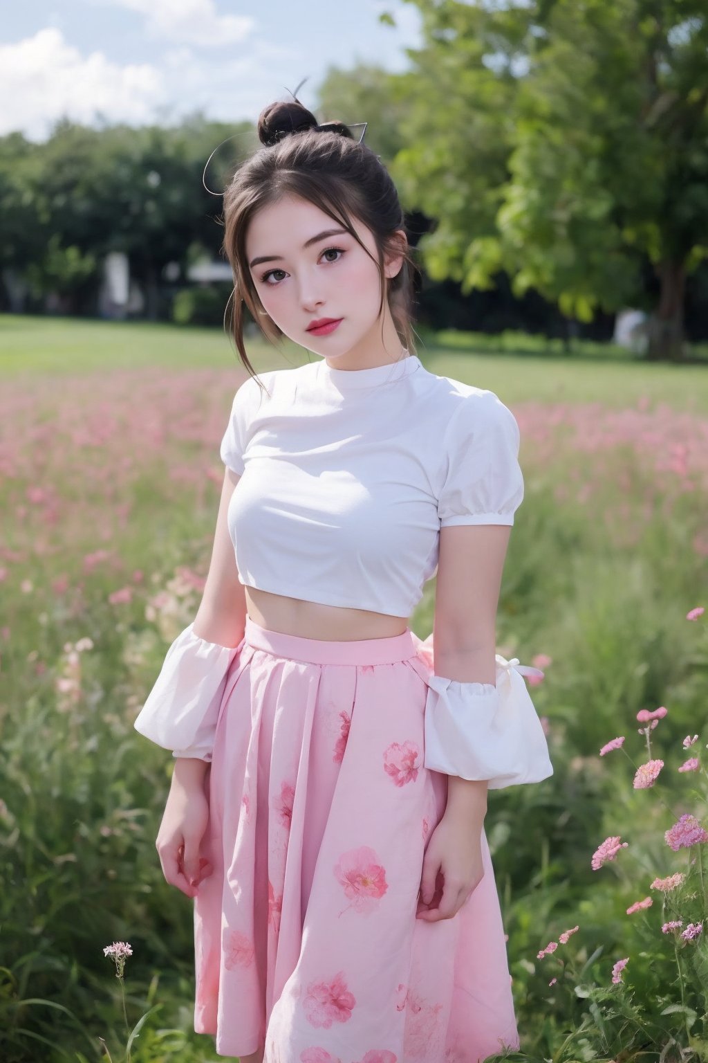 1girl, solo, long hair, looking at viewer, skirt, brown hair, ribbon, hair ribbon, flower, short sleeves, outdoors, sky, midriff, puffy sleeves, cloud, hair bun, blurry, black eyes, puffy short sleeves, lips, head tilt, double bun, floral print, pink skirt, realistic, field