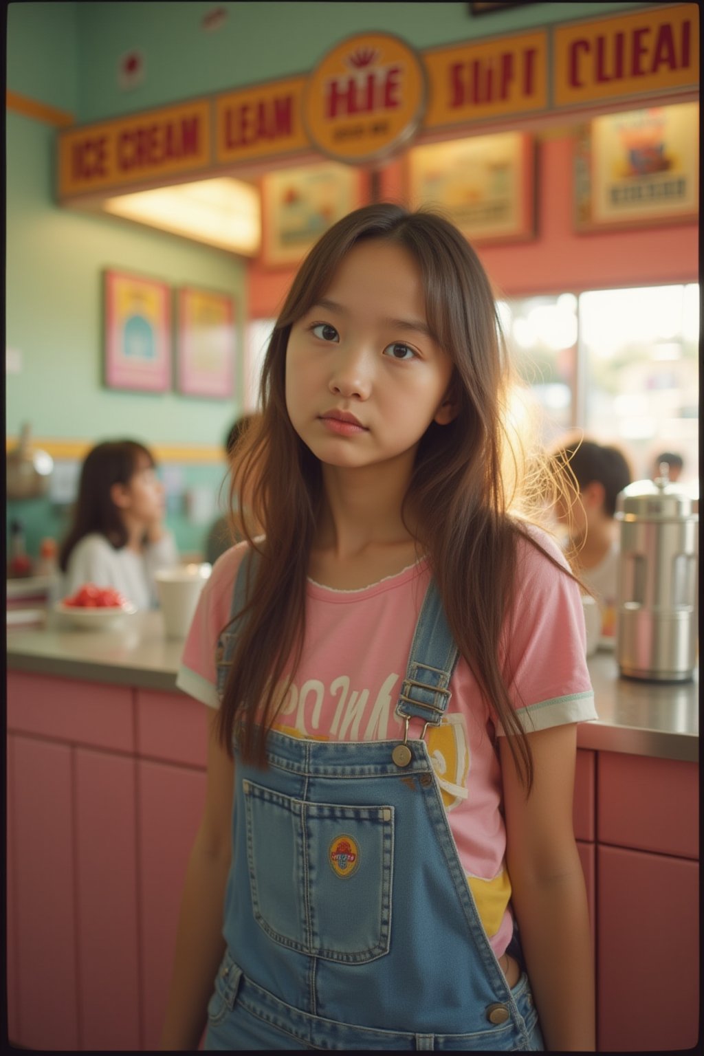 Portrait MagMix Girl look at camera, long hair, Overalls, Retro ice cream parlor with pastel-colored walls, a classic soda fountain counter, and vintage ice cream posters, bathed in warm sunlight, analog film photo, Kodachrome.