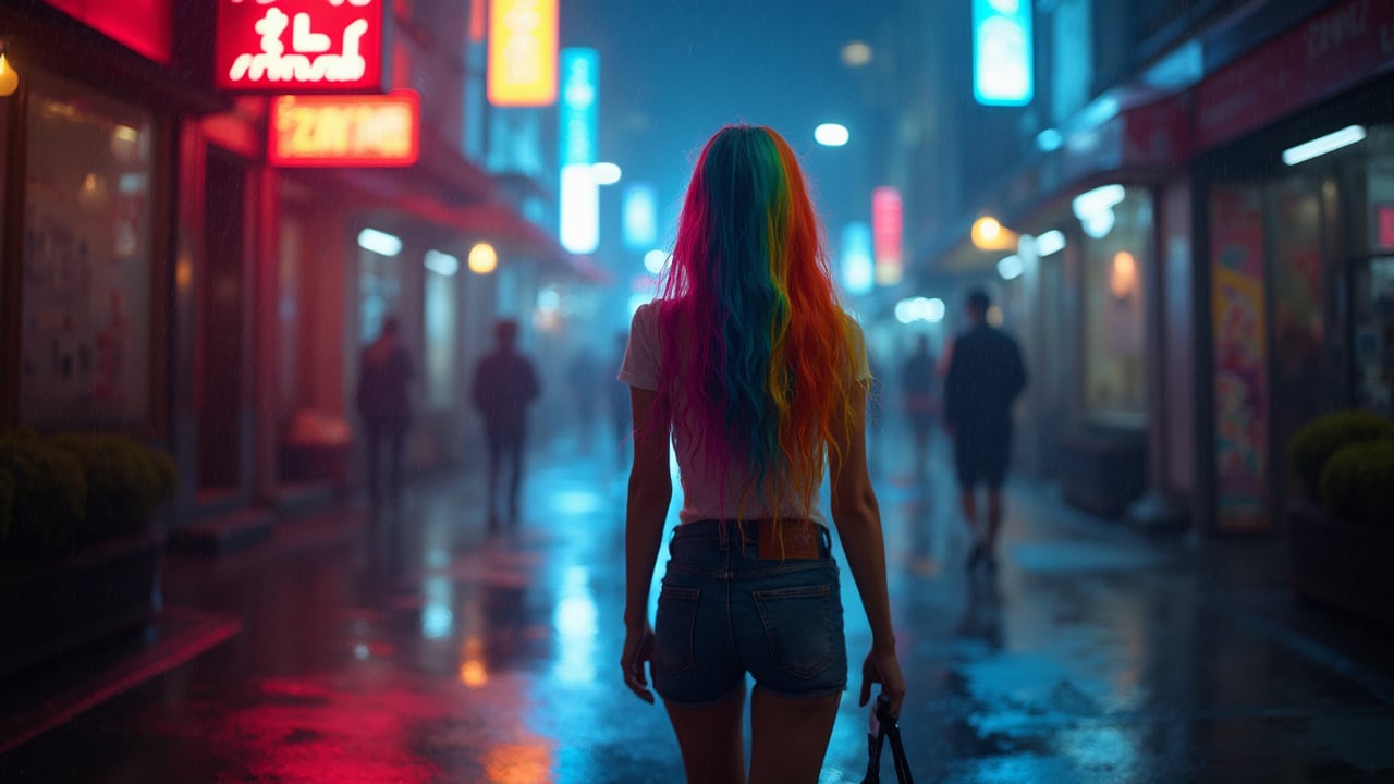 A young woman with long, vibrant rainbow-colored hair continues walking further down the rainy, neon-lit street. The view shows her full body as she strides confidently ahead, her colorful hair swaying gently with her movement, still glistening with raindrops. The city around her becomes more dynamic with glowing neon signs reflecting off the wet pavement, and silhouettes of people can be seen passing by in the distance. As she walks deeper into the city, the atmosphere feels both mysterious and alive, with the soft sound of rain accompanying her journey forward. The scene captures her journey, with the rain and neon lights adding to the sense of adventure and solitude.