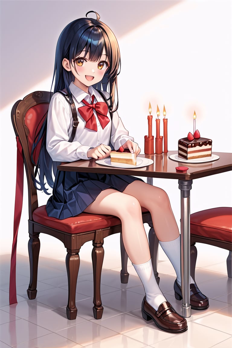 Anime style, masterpiece,best quality, highly detailed, 1girl,oomuro hanako,solo,blush,looking at viewer,school uniform,white background,skirt,white shirt,white socks,full body,red ribbon,simple background,suspender skirt, smile, open mouth,
sitting chair, table, whole cake, cake, candy, candle, flower, Warm atmosphere, fancy room, indoor,
BREAK
score_9,score_8_up,score_7_up,score_6_up,score_5_up,score_4_up,source_anime