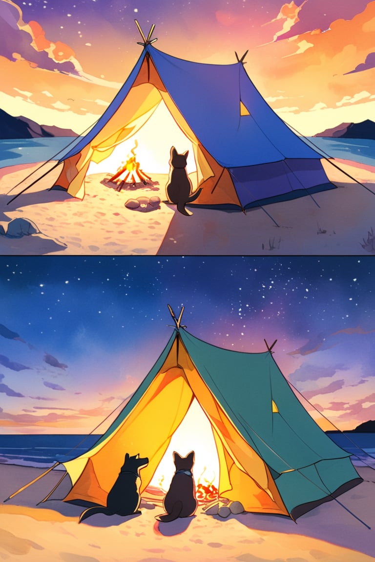 Tourist tent, pretty dog, nestles beside a crackling campfire on a tranquil beach at dark sunset. Warm flames dance across the smooth sand as the sky transforms into a kaleidoscope of orange, pink, and purple hues, score_9,score_8_up,score_7_up,score_6_up,score_5_up,score_4_up,source_anime,BREAK