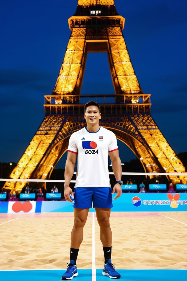 A Filipino male volleyball athlete proudly stands at attention within the Olympic stadium's volleyball court, the Philippine flag draped majestically behind her. The iconic Eiffel Tower rises majestically in the background, its iron latticework glistening under the bright lights. Her white t-shirt and blue sport shorts emblazoned with the PARIS 2024 text and Philippine flag emblem, she embodies national pride and athletic spirit.