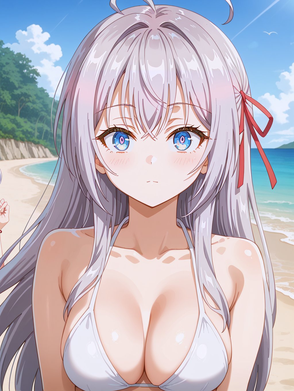 bikini, red ribbon, grey hair, ahoge, hair ribbon, blue eyes, bangs, long hair, alisa mikhailovna kujou, at the beach, <lora:alisa-mikhailovna-kujou-alpha-pony, 5 fingers, beautiful hands, detailed hands, perfect hands, beautiful_female_fingers