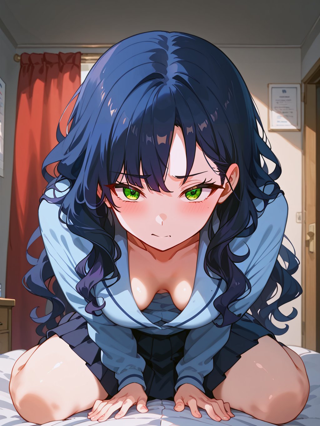 score_9, score_8_up, score_7_up, score_6_up, score_5_up, score_4_up, source_anime, BREAK 1girl, solo, cute face, dark blue hair, long hair, wavy hair, green eyes, school uniform, sitting, girl on top, bed, downblouse, 1boy, Expressiveh