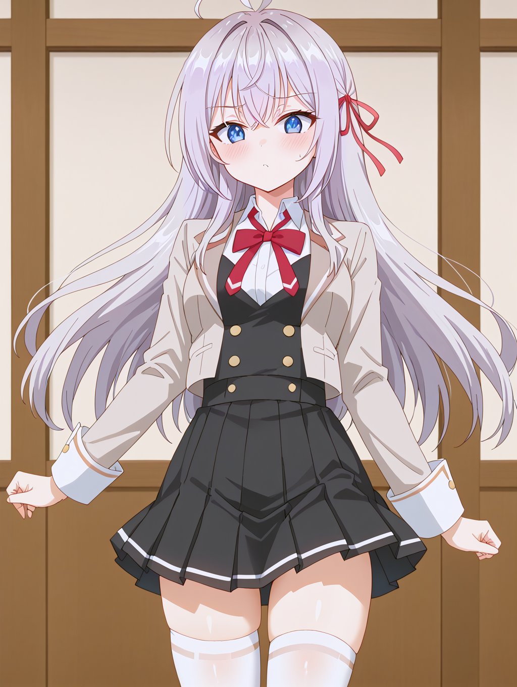 skirt, red ribbon, grey hair, ahoge, hair ribbon, blue eyes, bangs, long hair, blush, white thigh highs, alisa mikhailovna kujou, <lora:alisa-mikhailovna-kujou-alpha-pony, 5 fingers, beautiful hands, detailed hands, perfect hands, beautiful_female_fingers, downblouse, bed, sitting