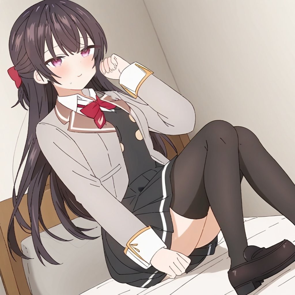 1girl, solo, yuki, black hair, long hair, half updo, hair between eyes, purple eyes, school uniform, grey jacket, open jacket, long sleeves, red bow, white shirt, collared shirt, black vest, buttons, black dress, white thighhighs, black loafers, sitting on top of someone in bed who just woke up